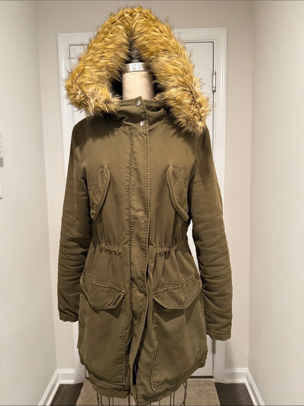 Zara Olive Utility Parka with Removable Faux Fur-Trim Hood